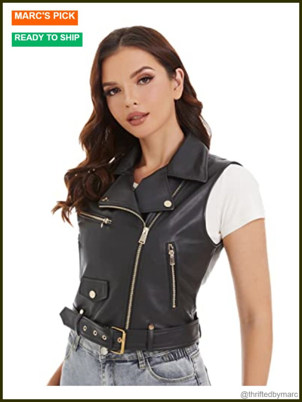 Faux Leather Moto Biker Vest Sleek Waistcoat with Removable Belt